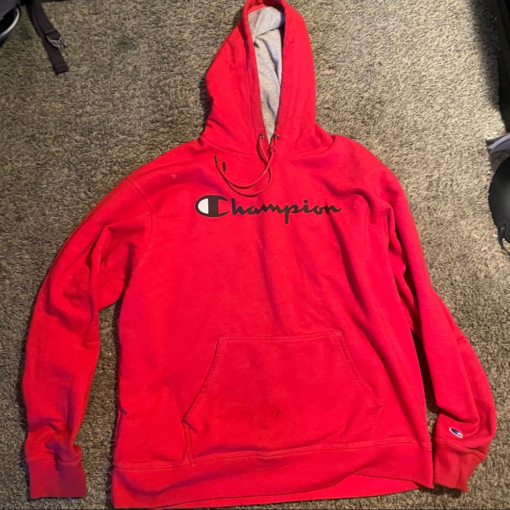 Champion Red Logo Spellout Hoodie Men’s Size XL